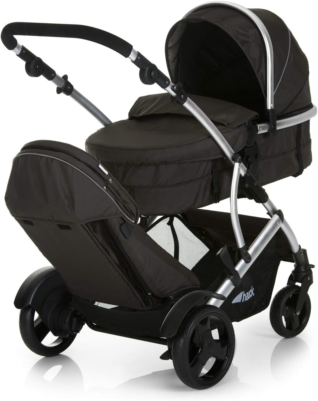 hauck Duett 2, Black - Baby & Toddler Tandem Pushchair with Raincover, Carrycot Convertible to Reversible Seat from Birth up to 15 kg & Second Seat from 6 Months, Compact & Foldable, Height-Adjustable