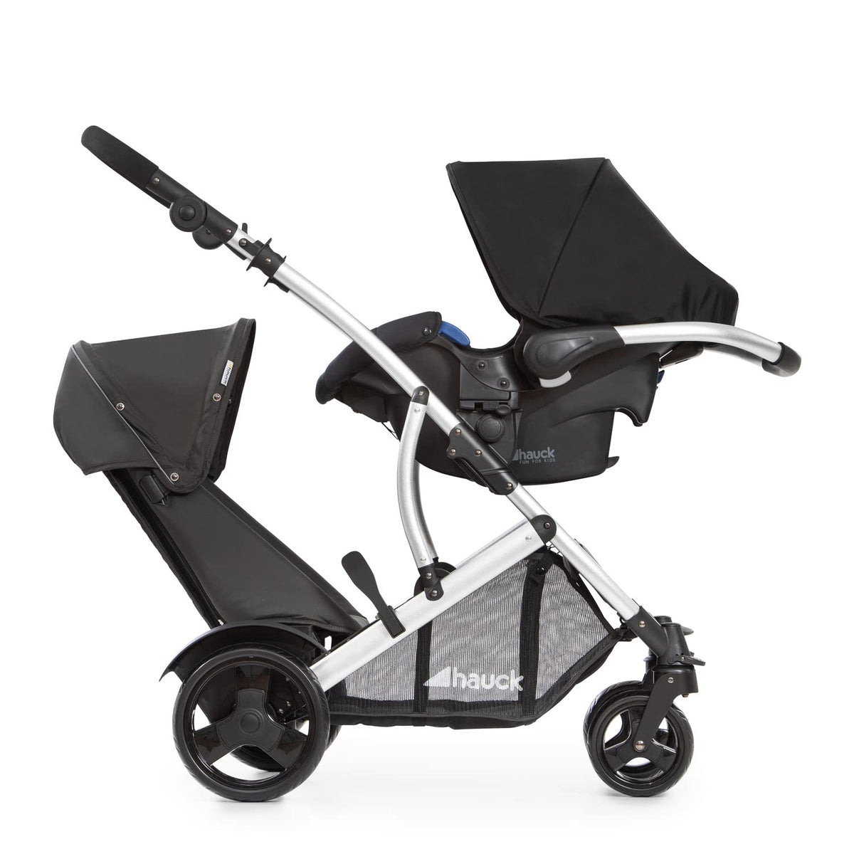 hauck Duett 2, Black - Baby & Toddler Tandem Pushchair with Raincover, Carrycot Convertible to Reversible Seat from Birth up to 15 kg & Second Seat from 6 Months, Compact & Foldable, Height-Adjustable
