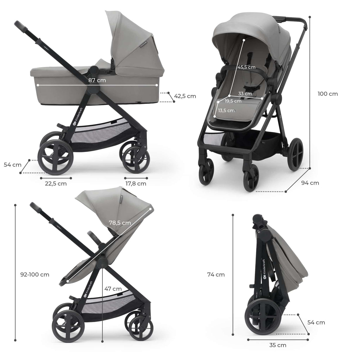 Kinderkraft Newly 4 in 1, Stroller, Pushchair, Travel System, Pram, Newborn Baby, Large Hood, Accessories, Easy Folding, Included Car Seat with ISOFIX Base, from Birth up to 22 kg, Black