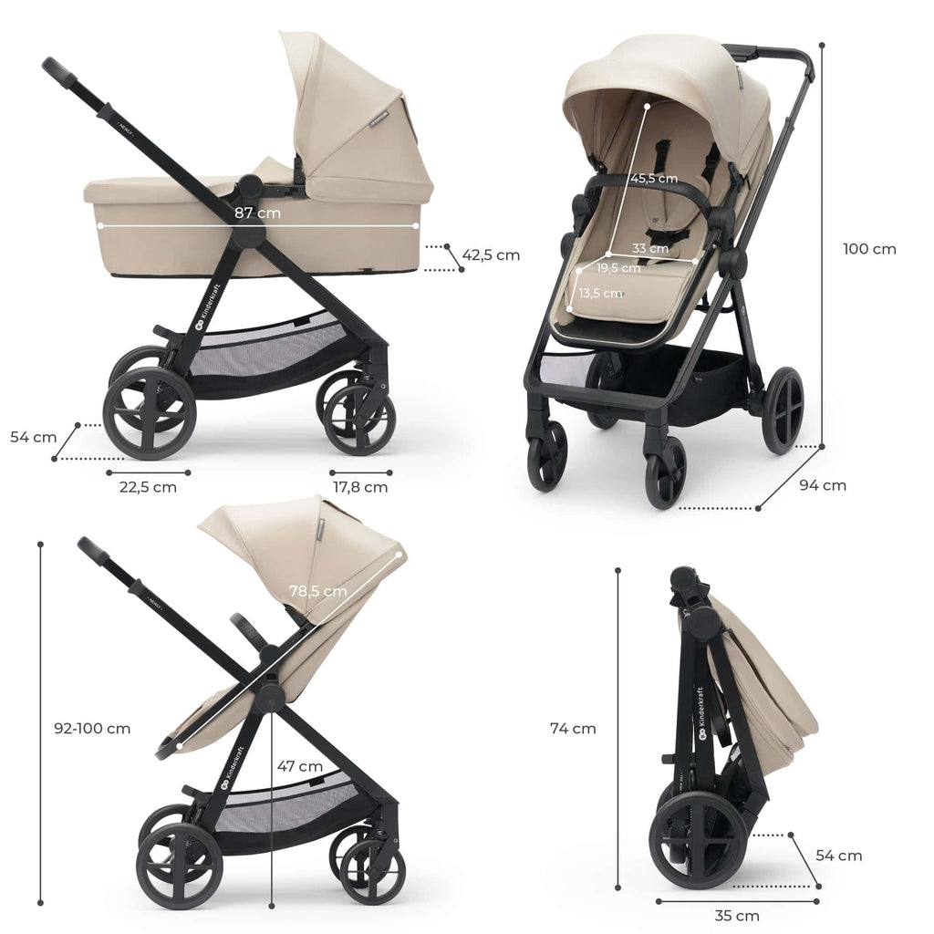 Kinderkraft Newly 4 in 1, Stroller, Pushchair, Travel System, Pram, Newborn Baby, Large Hood, Accessories, Easy Folding, Included Car Seat with ISOFIX Base, from Birth up to 22 kg, Black