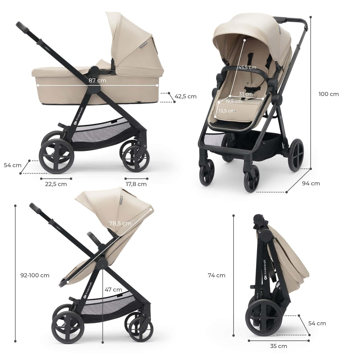 Kinderkraft Newly 4 in 1, Stroller, Pushchair, Travel System, Pram, Newborn Baby, Large Hood, Accessories, Easy Folding, Included Car Seat with ISOFIX Base, from Birth up to 22 kg, Black