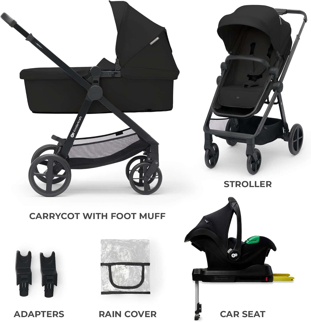 Kinderkraft Newly 4 in 1, Stroller, Pushchair, Travel System, Pram, Newborn Baby, Large Hood, Accessories, Easy Folding, Included Car Seat with ISOFIX Base, from Birth up to 22 kg, Black