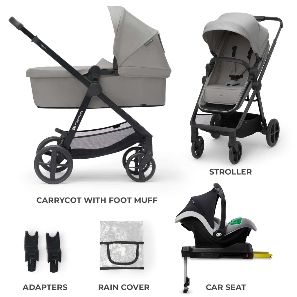 Kinderkraft Newly 4 in 1, Stroller, Pushchair, Travel System, Pram, Newborn Baby, Large Hood, Accessories, Easy Folding, Included Car Seat with ISOFIX Base, from Birth up to 22 kg, Black