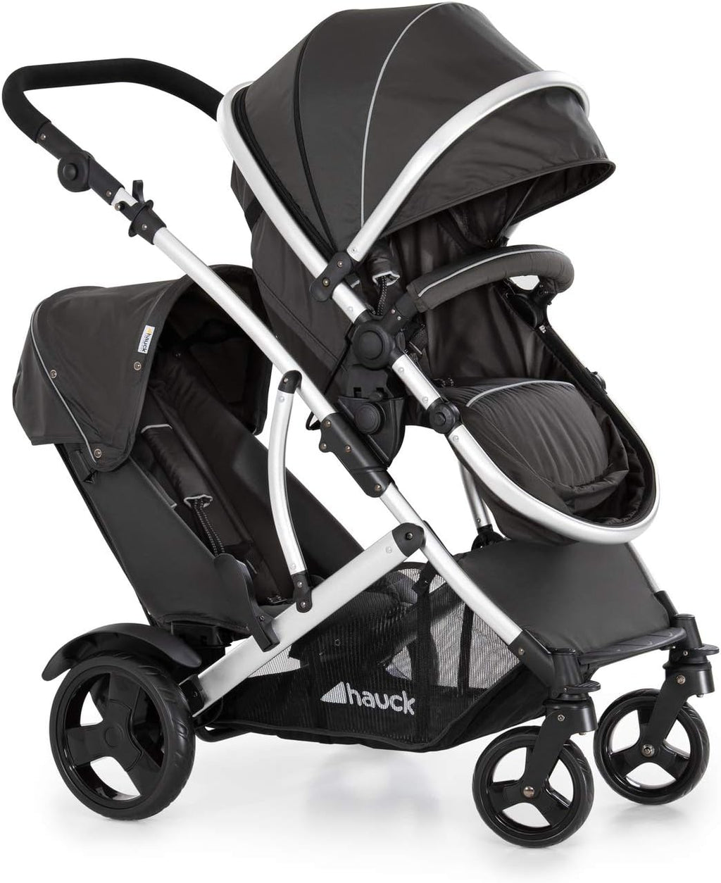 hauck Duett 2, Black - Baby & Toddler Tandem Pushchair with Raincover, Carrycot Convertible to Reversible Seat from Birth up to 15 kg & Second Seat from 6 Months, Compact & Foldable, Height-Adjustable