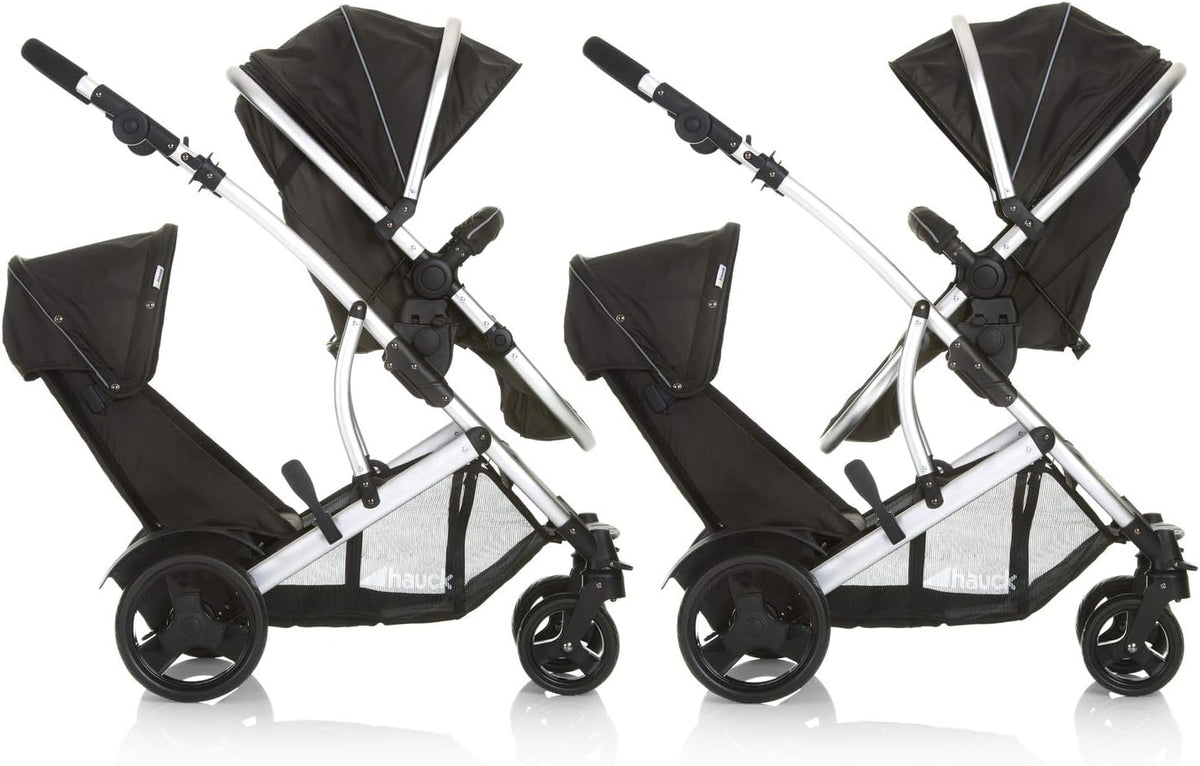 hauck Duett 2, Black - Baby & Toddler Tandem Pushchair with Raincover, Carrycot Convertible to Reversible Seat from Birth up to 15 kg & Second Seat from 6 Months, Compact & Foldable, Height-Adjustable