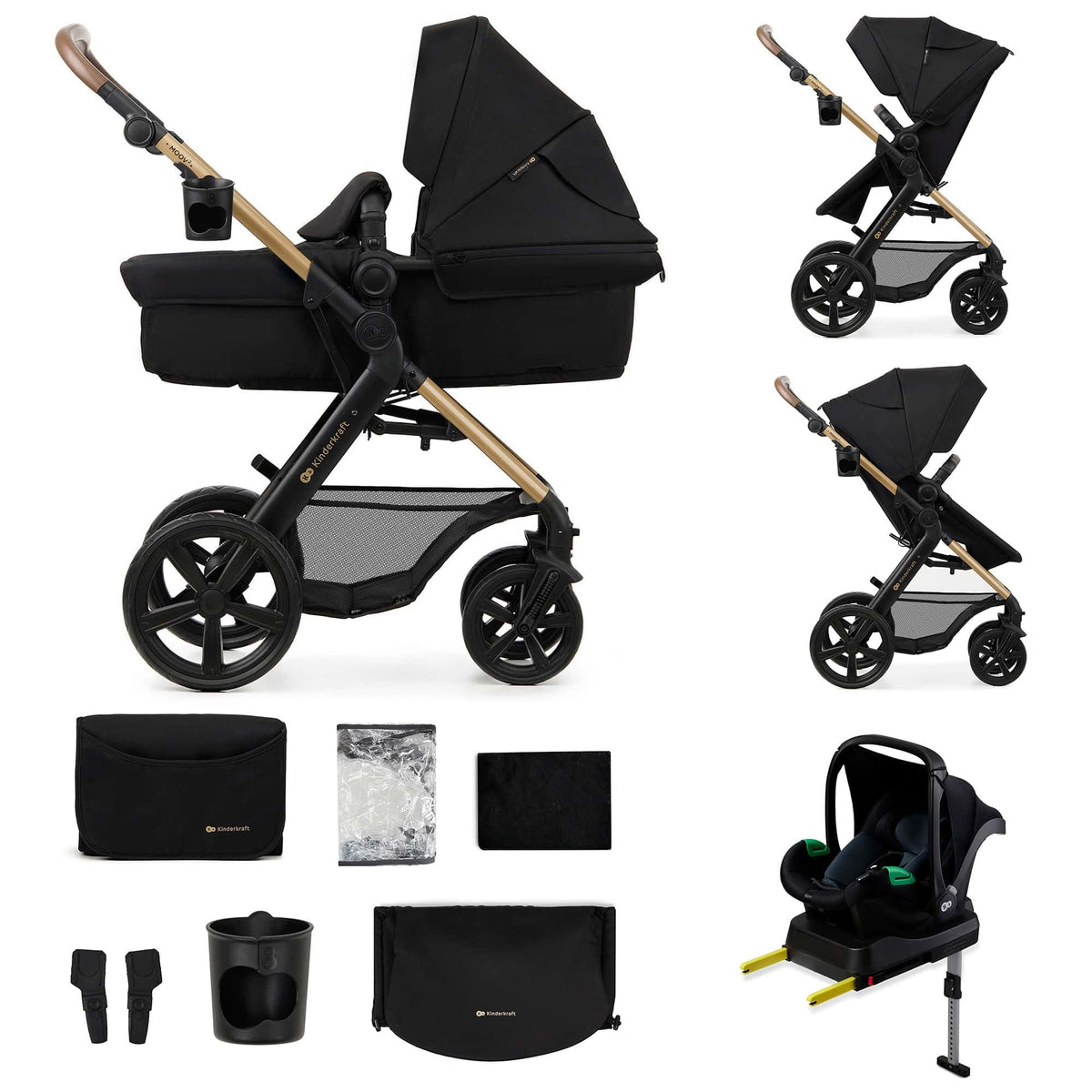 Kinderkraft MOOV 2 Pushchairs 3-in-1 Pushchair Set up to 22 kg with Child Seat I-Size 40-75 cm, Buggy Function, Adjustable Reclining Position, Large Extendable Hood, EVA Foam Wheels, Black