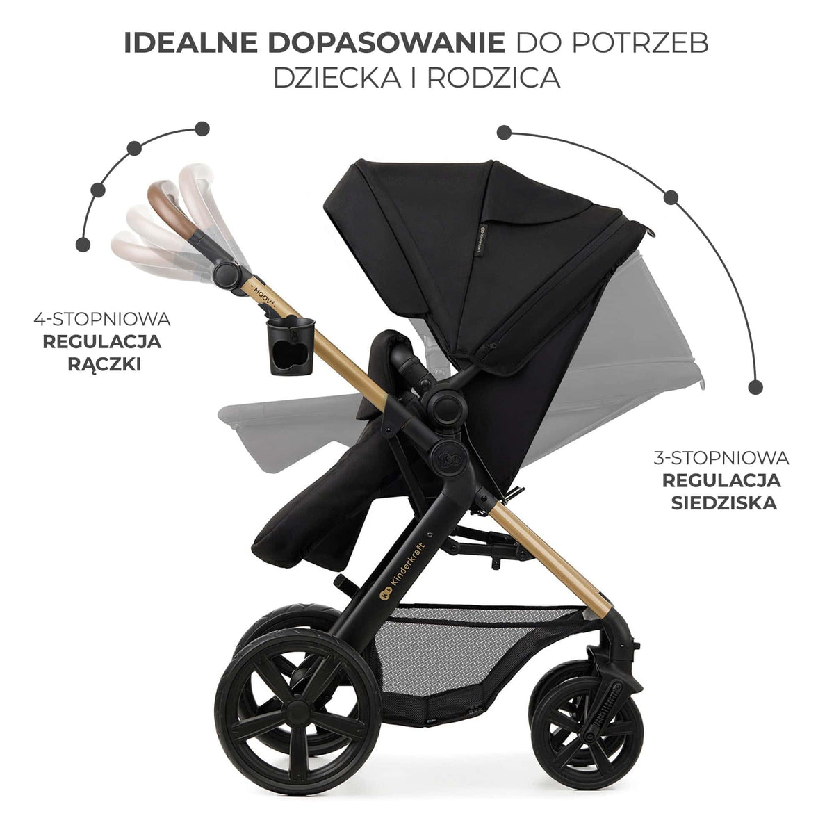 Kinderkraft MOOV 2 Pushchairs 3-in-1 Pushchair Set up to 22 kg with Child Seat I-Size 40-75 cm, Buggy Function, Adjustable Reclining Position, Large Extendable Hood, EVA Foam Wheels, Black