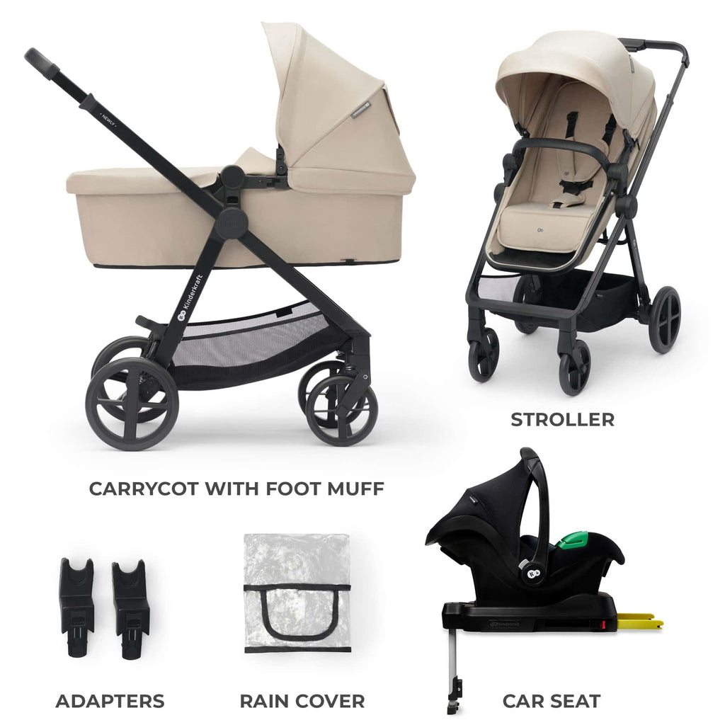 Kinderkraft Newly 4 in 1, Stroller, Pushchair, Travel System, Pram, Newborn Baby, Large Hood, Accessories, Easy Folding, Included Car Seat with ISOFIX Base, from Birth up to 22 kg, Black