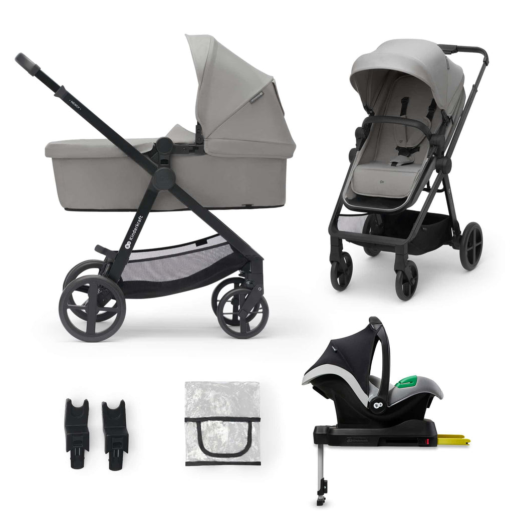Kinderkraft Newly 4 in 1, Stroller, Pushchair, Travel System, Pram, Newborn Baby, Large Hood, Accessories, Easy Folding, Included Car Seat with ISOFIX Base, from Birth up to 22 kg, Black