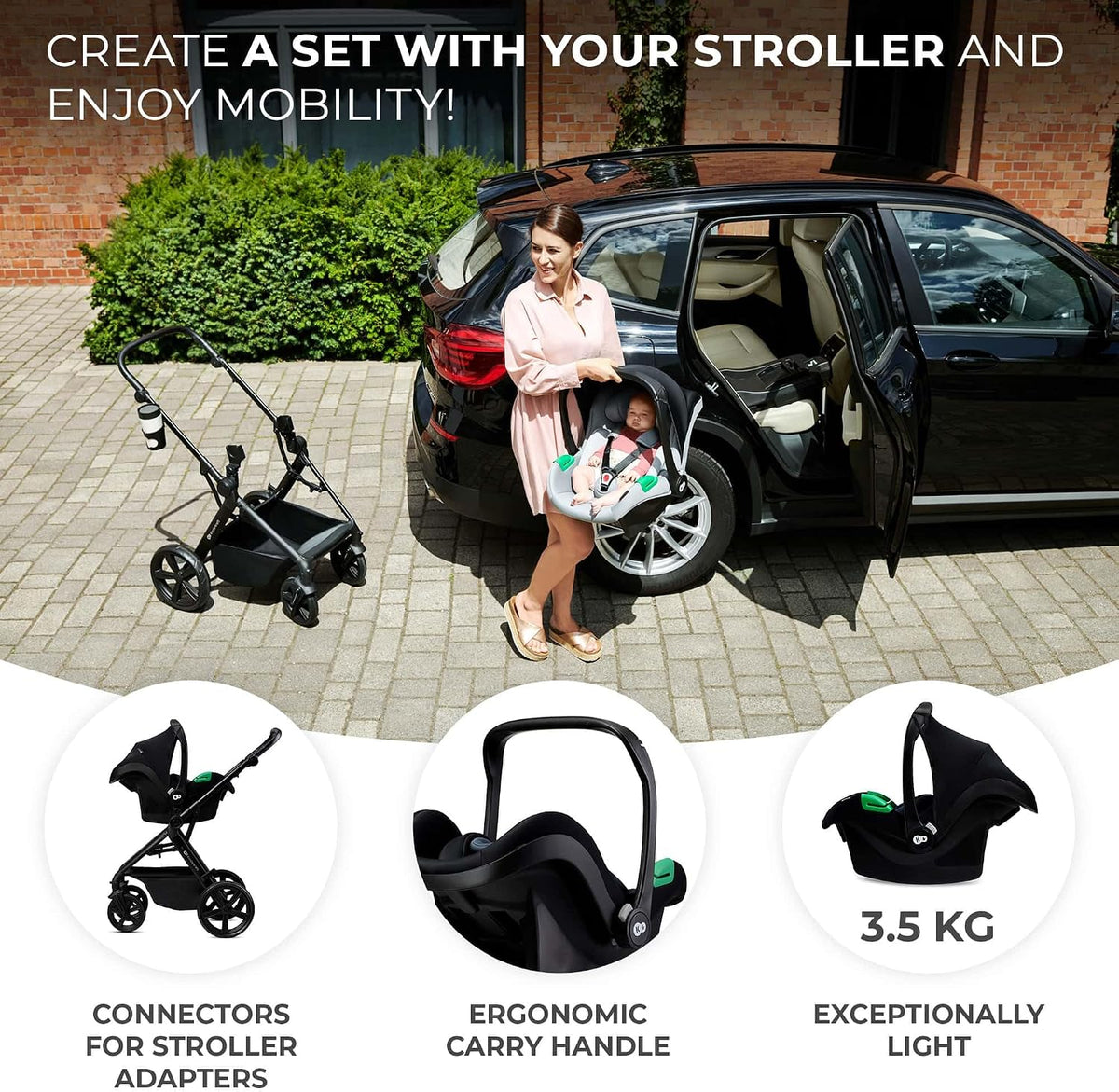 Kinderkraft Newly 4 in 1, Stroller, Pushchair, Travel System, Pram, Newborn Baby, Large Hood, Accessories, Easy Folding, Included Car Seat with ISOFIX Base, from Birth up to 22 kg, Black
