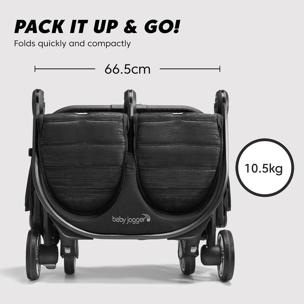 Baby Jogger City Tour 2 Double Travel Pushchair | Lightweight, Foldable & Portable Double Buggy | Pitch Black