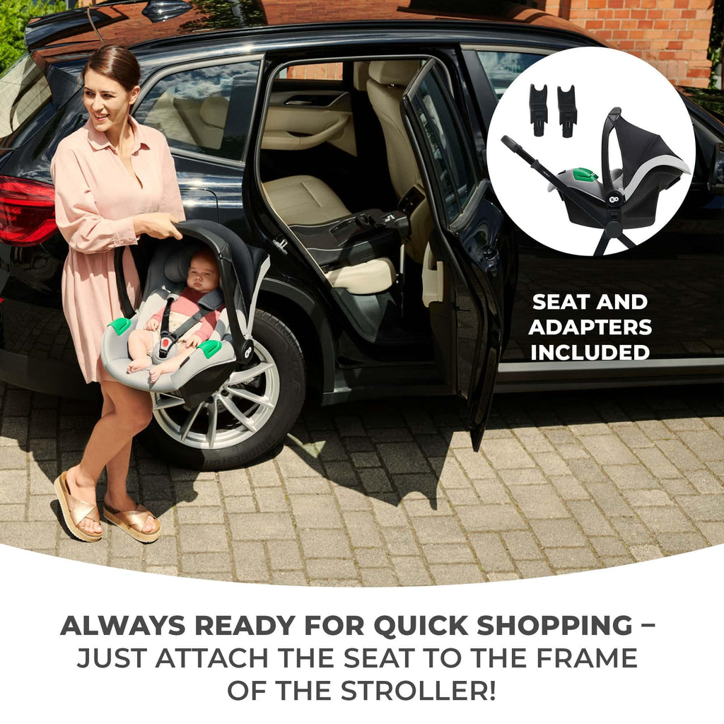 Kinderkraft Newly 4 in 1, Stroller, Pushchair, Travel System, Pram, Newborn Baby, Large Hood, Accessories, Easy Folding, Included Car Seat with ISOFIX Base, from Birth up to 22 kg, Black