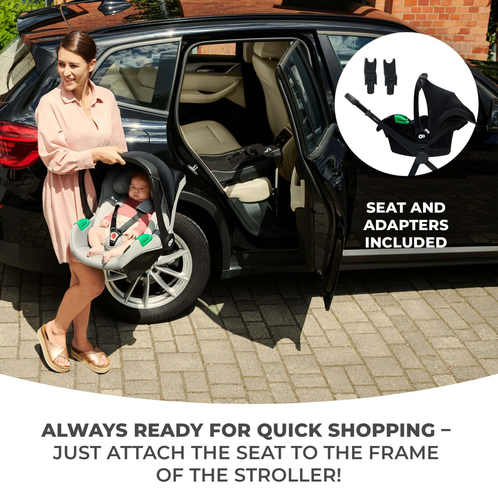 Kinderkraft Newly 4 in 1, Stroller, Pushchair, Travel System, Pram, Newborn Baby, Large Hood, Accessories, Easy Folding, Included Car Seat with ISOFIX Base, from Birth up to 22 kg, Black
